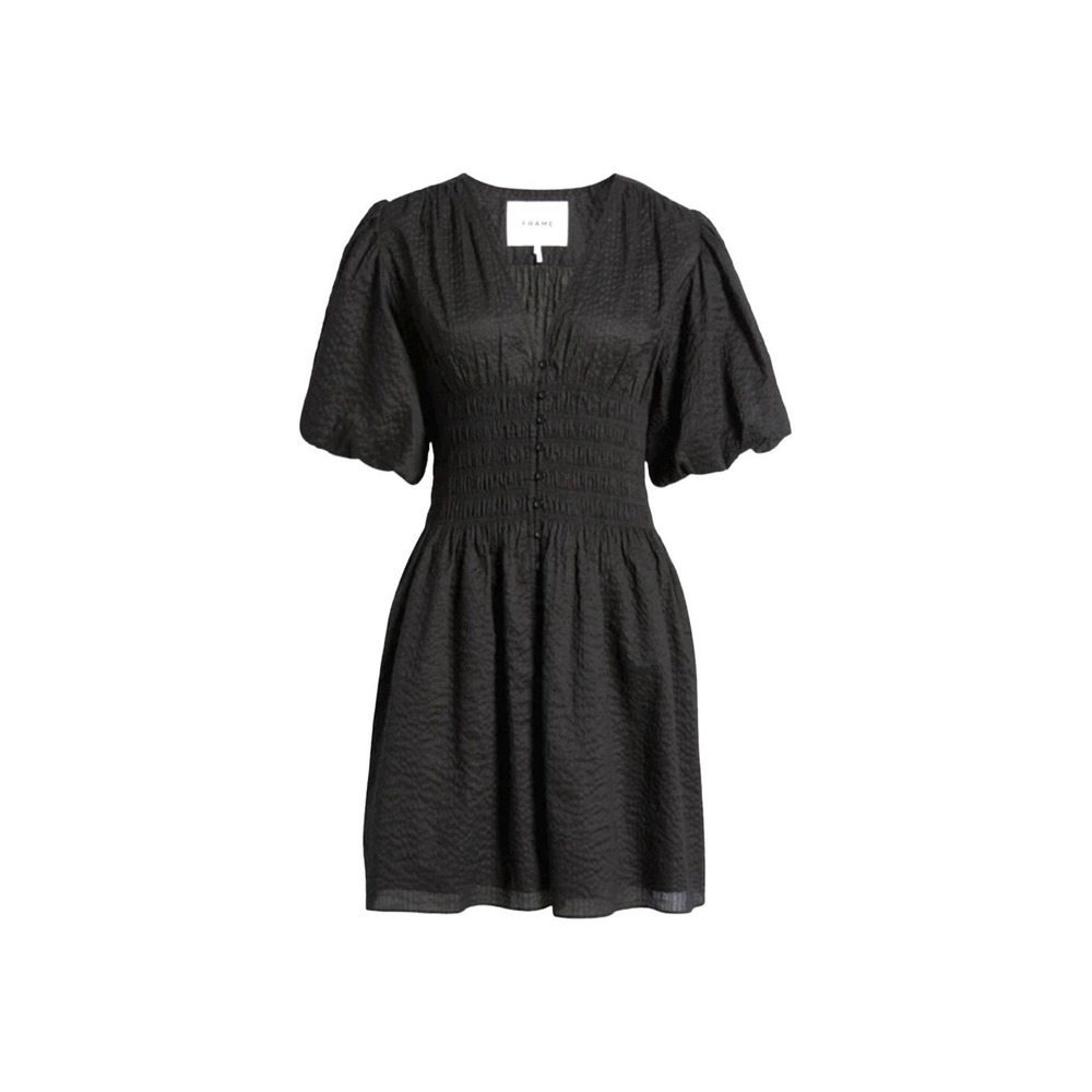 Frame Textured Women's  Shirt‎ Dress A-Line Smocked Puff Sleeve in Black Size XL